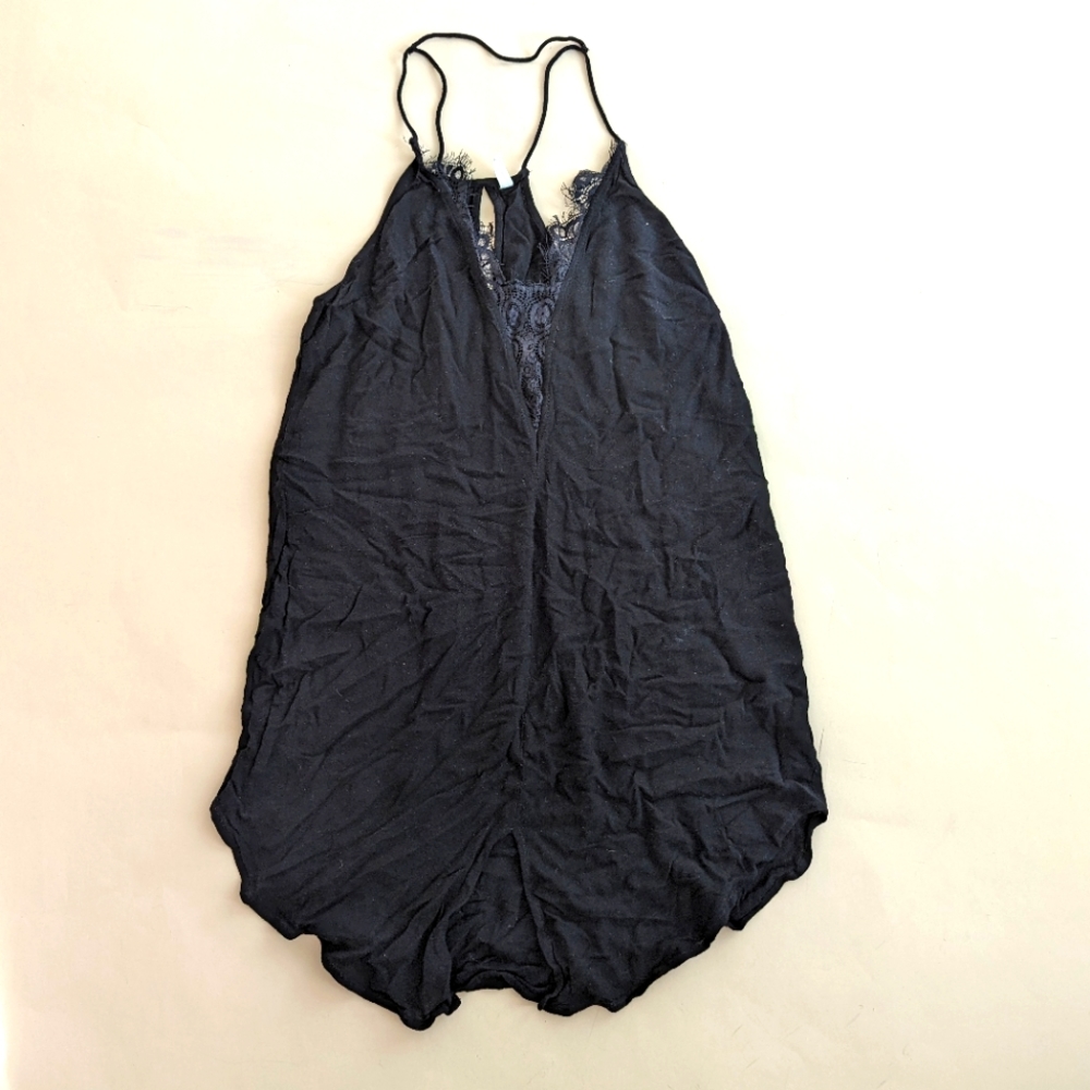 Intimately Free People Black Crepe Nightgown Racerback Skinny Strap Lace Size XS